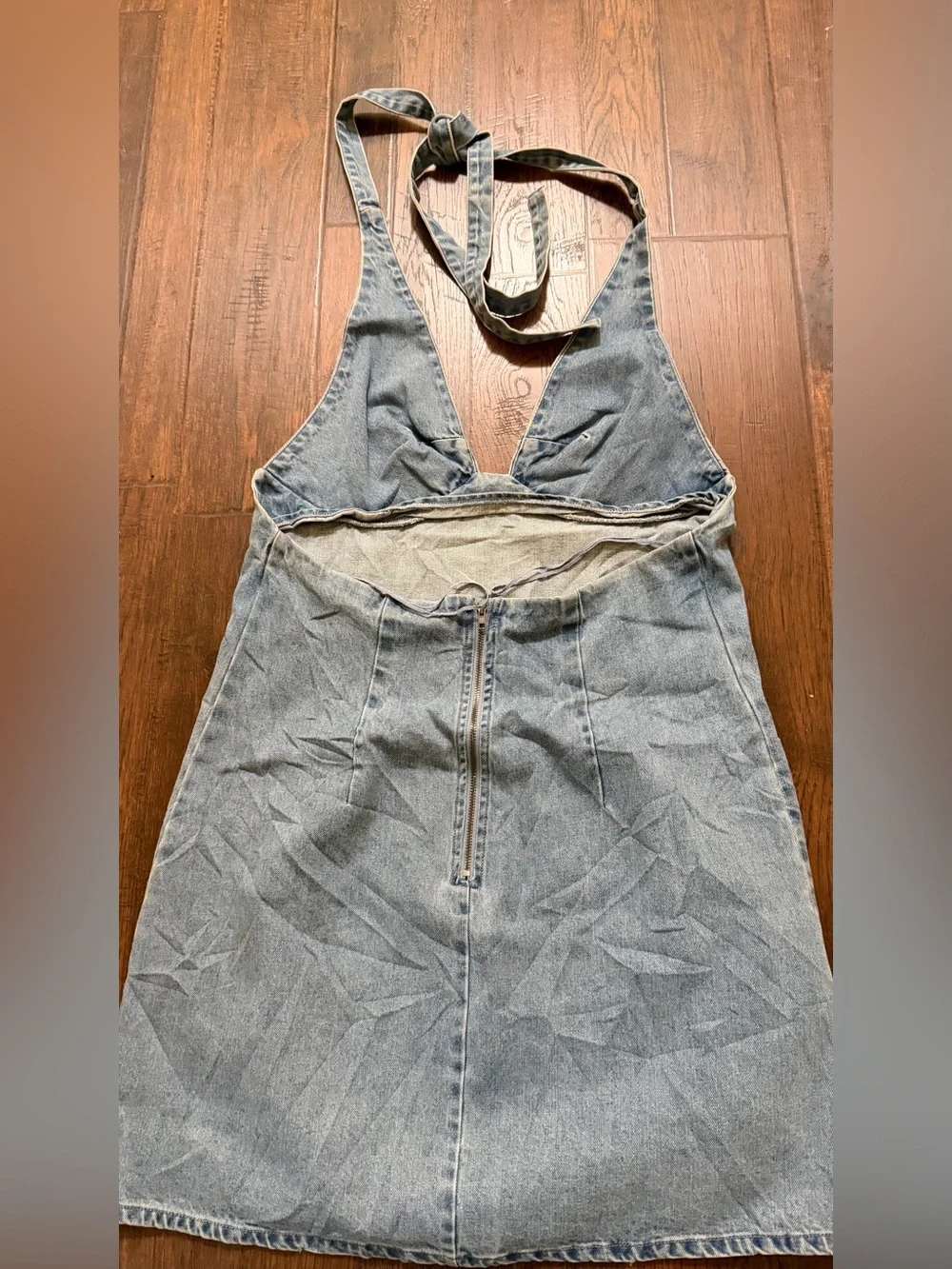 Free People Denim Halter Mini Dress • Open Back • Boho Western • Size XL